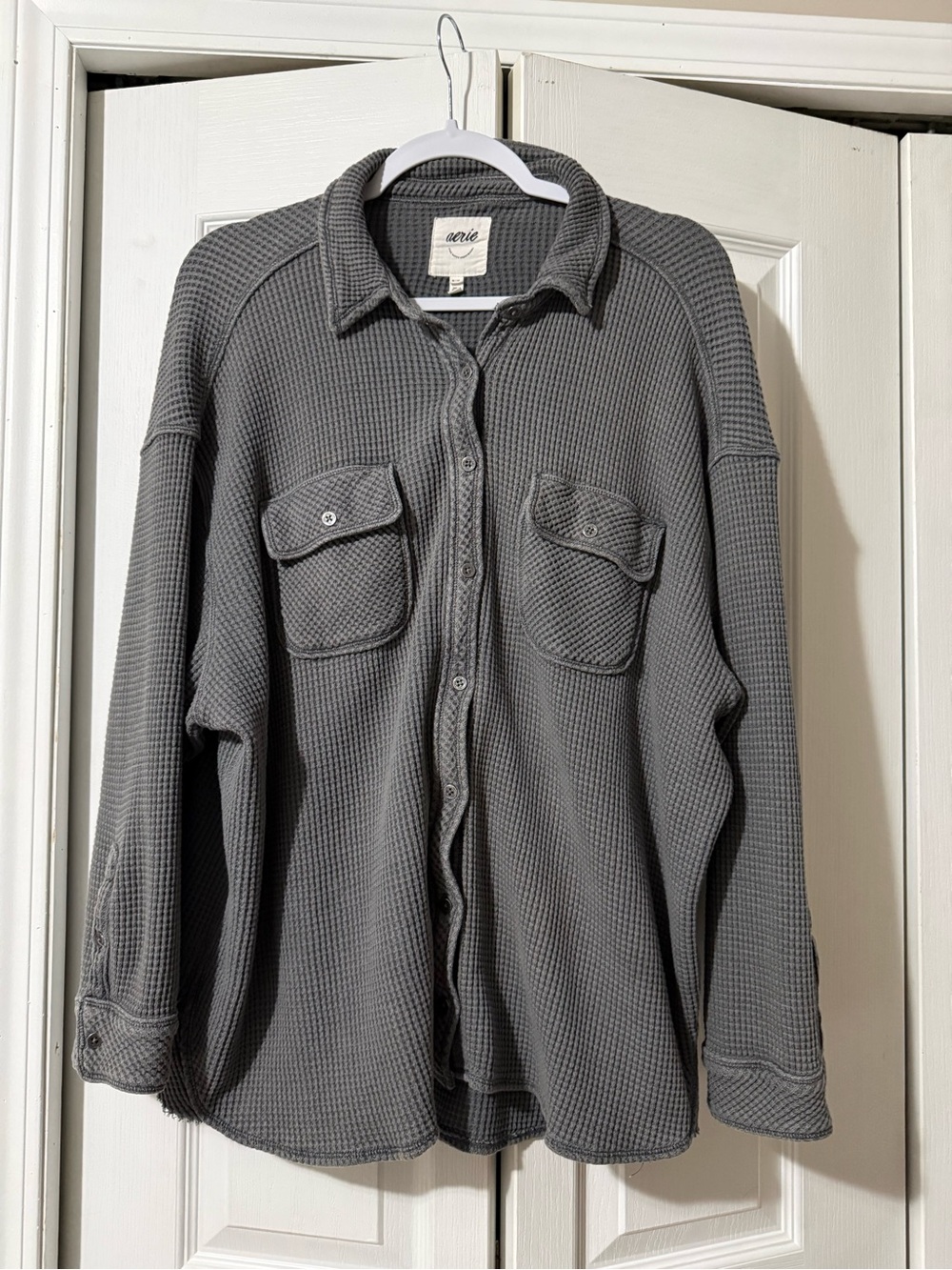 Aerie Lumberjane Charcoal Gray Waffle-Knit Button-Front Shirt - M